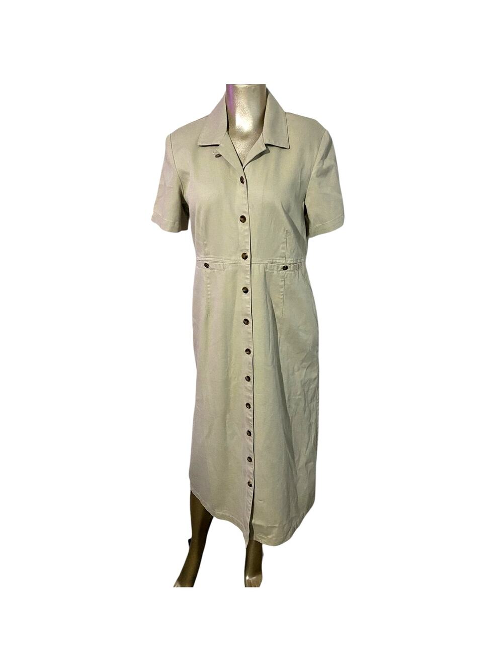 Vintage Appleseeds Tencel Cotton Button Front Maxi Shirt Dress Khaki Petite 8P